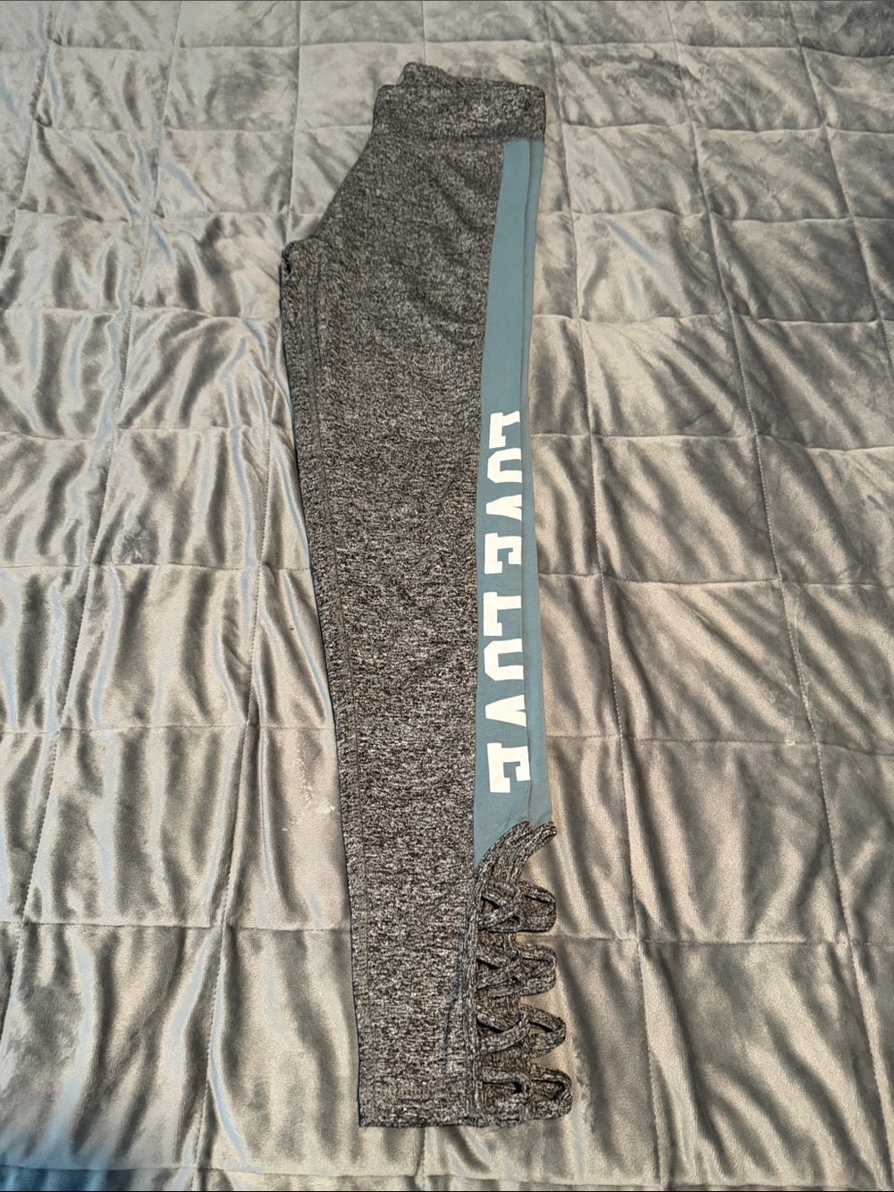 Reflex Gray Leggings with Teal Side Panel and White Lettering